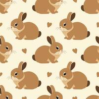 Seamless pattern with cute beige rabbit and hearts isolated on beige background. Vector flat illustration