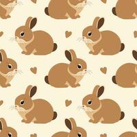 Seamless pattern with cute beige rabbit and hearts isolated on beige background. Vector flat illustration