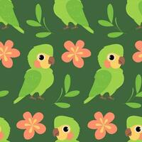 Seamless pattern with cute green parrot, flower and leaves on green background. Vector flat illustration