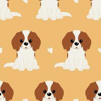 Seamless pattern with cute Cavalier King Charles Spaniel dog and hearts isolated on yellow background. Vector flat illustration