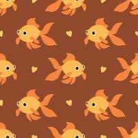 Seamless pattern with cute gold fish and hearts isolated on brown background. Vector flat illustration