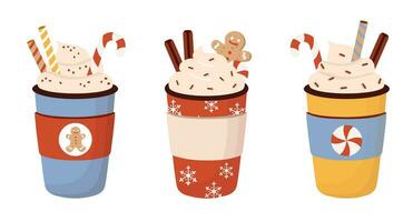 Christmas winter hot drinks set. Beverage take away illustration in flat cartoon style. Coffee, cocoa tea with cream, cinnamon, candy cane, gingerbread cookies. vector