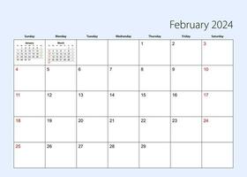 Wall calendar planner for February 2024. English language, week starts from Sunday. vector