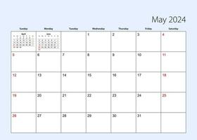 Wall calendar planner for May 2024. English language, week starts from Sunday. vector