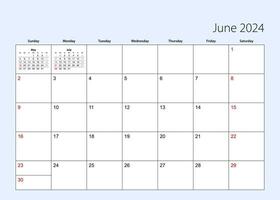 Wall calendar planner for June 2024. English language, week starts from Sunday. vector