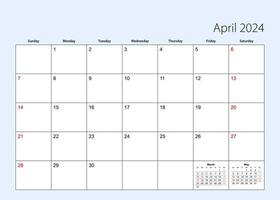 Wall calendar planner for April 2024. English language, week starts from Sunday. vector