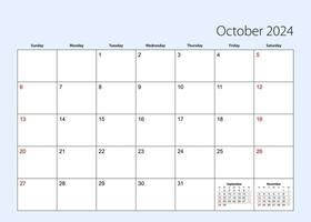 Wall calendar planner for October 2024. English language, week starts from Sunday. vector