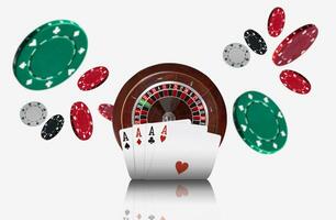 Close-up photo of four aces standing ahead of a brown roulette and chips which flying apart, isolated on white background. Gambling entertainment.