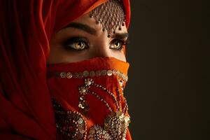 Studio shot of a young charming woman wearing the terracotta hijab decorated with sequins and jewelry. Arabic style. photo