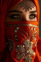 Studio shot of a young charming woman wearing the terracotta hijab decorated with sequins and jewelry. Arabic style. photo