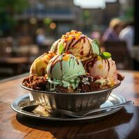 A picture of Ice cream scoops in waffle cones on wooden table, selective focus Generative AI photo