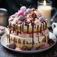 A photo of Delicious chocolate cake with berries and nuts on wooden table, closeup celebration concept Generative AI