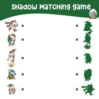 Matching shadow game for children. Find the correct shadow. Educational matching game for children with cartoon character. Worksheet for kid. Educational printable activity page. Vector file.