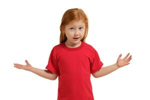 Portrait of cute redhead emotional little girl isolated on a white photo