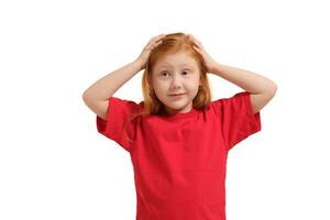 Portrait of cute redhead emotional little girl isolated on a white photo