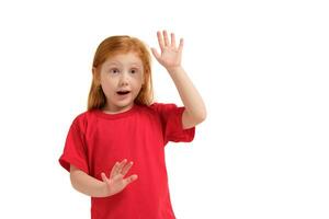 Portrait of cute redhead emotional little girl isolated on a white photo