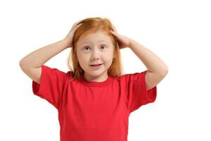 Portrait of cute redhead emotional little girl isolated on a white photo