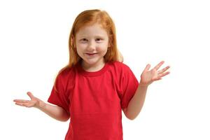 Portrait of cute redhead emotional little girl isolated on a white photo