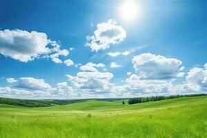 AI generated Landscape of green grass field with blue sky and small hills , Summer nature landscape background, Ai generative photo