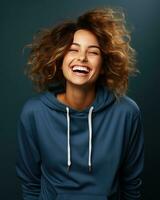 AI generated Young woman smiling wearing white sweatshirt isolated on dark blue background , AI generative photo