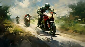 AI generated Motorcycle rider on a motorcycle in motion blur digital painting photo