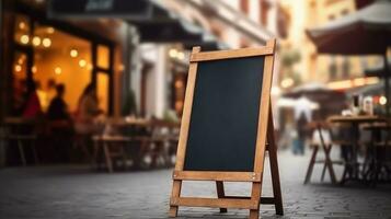 ai generado vacío pizarra firmar Bosquejo en frente de un restaurante , menú tablero con un calle café o restaurante, ai generativo foto