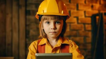 ai generado chico vistiendo la seguridad casco y participación tableta , ingeniero industria concepto, ai generativo foto