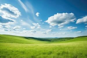 AI generated Landscape of green grass field with blue sky and small hills , Summer nature landscape background, Ai generative photo