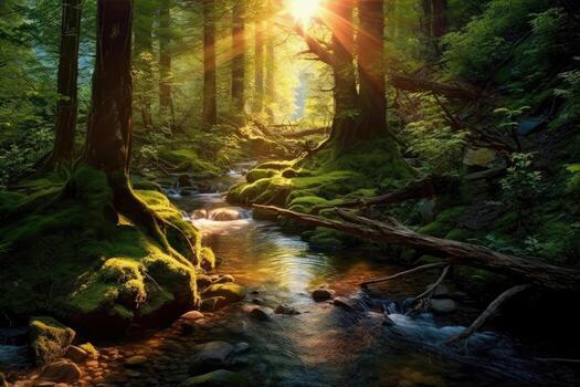 ai generado hermosa bosque es un corriente corriendo mediante eso con brillante Dom brillante mediante el arboles , ai generativo foto