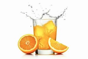 AI generated Organic Fresh orange juice in the glass with slices of oranges and green leaf isolated on white background, AI generative photo