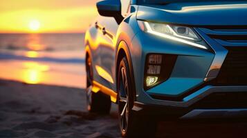 ai generado compacto suv coche y moderno diseño en hormigón la carretera a el mar de hermosa puesta de sol antecedentes , frente ver de lujo nuevo suv auto, ai generativo foto