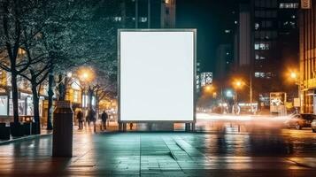 ai generado digital medios de comunicación blanco cartelera a ciudad , letrero para producto anuncio diseño en la carretera caminando calle , publicidad ligero caja cartelera , ai generativo foto