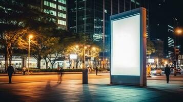 AI generated Digital Media Blank billboard at city , signboard for product advertisement design on road walking street , advertising light box billboard , Ai generative photo