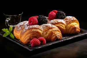 ai generado recién horneado croissants con mezcla baya y Cereza , delicioso desayuno frambuesa cuerno , ai generativo foto