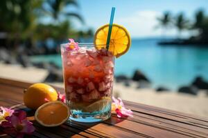 AI generated Fresh cocktail drink and fruit on table on beach , Summer colorful  cocktail on a wooden table at sandy beach in summer , AI generative photo