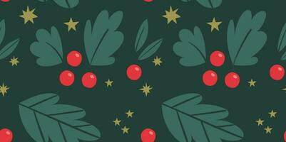 Christmas seamless pattern with holly berries, stars and leaves. vector