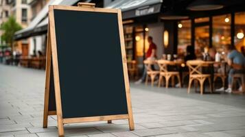 ai generado vacío pizarra firmar Bosquejo en frente de un restaurante , menú tablero con un calle café o restaurante, ai generativo foto