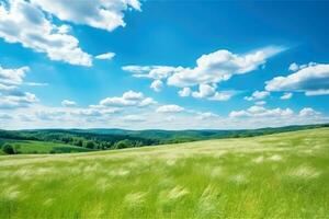 AI generated Landscape of green grass field with blue sky and small hills , Summer nature landscape background, Ai generative photo