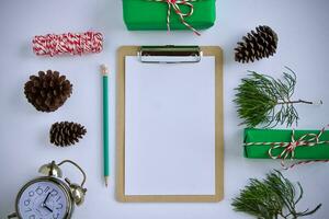 Christmas gift box composition on a white background. Flat lay top view copy space photo