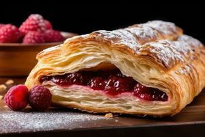 ai generado recién horneado croissants con mezcla baya y Cereza , delicioso desayuno frambuesa cuerno , ai generativo foto