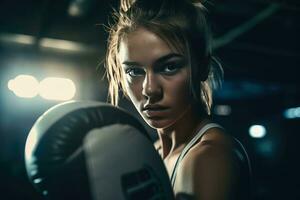 ai generado retrato joven mujer boxeo formación en boxeo arena a el gimnasio , ai generativo foto