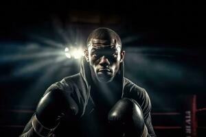 ai generado retrato joven hombre boxeo formación en boxeo arena a el gimnasia, ai generativo foto