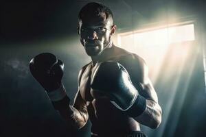 ai generado retrato joven hombre boxeo formación en boxeo arena a el gimnasia, ai generativo foto