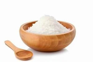 AI generated Salt in wooden bowl , Pure natural sea salt , isolated on white background, AI generative photo