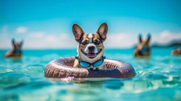 AI generated Portrait happy dog in an inflatable floating ring isolated on pool float , AI generative photo