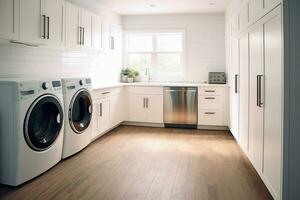 AI generated Interior clean white laundry room with front load washer and dryer units,AI generative photo
