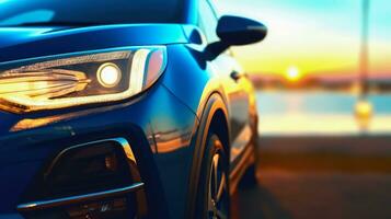 AI generated Compact SUV car and modern design on concrete road at the sea of beautiful sunset background , Front view of luxury new SUV car, AI generative photo