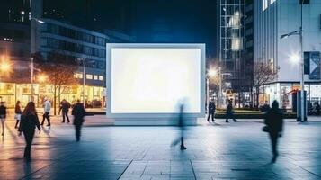 ai generado digital medios de comunicación blanco cartelera a ciudad , letrero para producto anuncio diseño en la carretera caminando calle , publicidad ligero caja cartelera , ai generativo foto