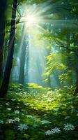 AI generated Mysterious green forest with sun rays and fog, spring landscape photo