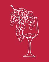 Vector hand drawn abstract glass of wine with bunch of grapes.